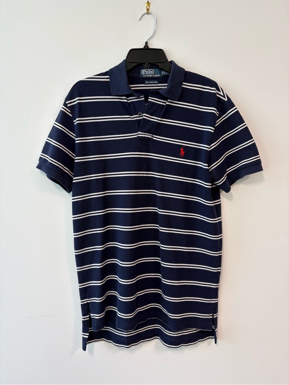 Ralph Lauren Navy and White Striped Polo with Red Pony